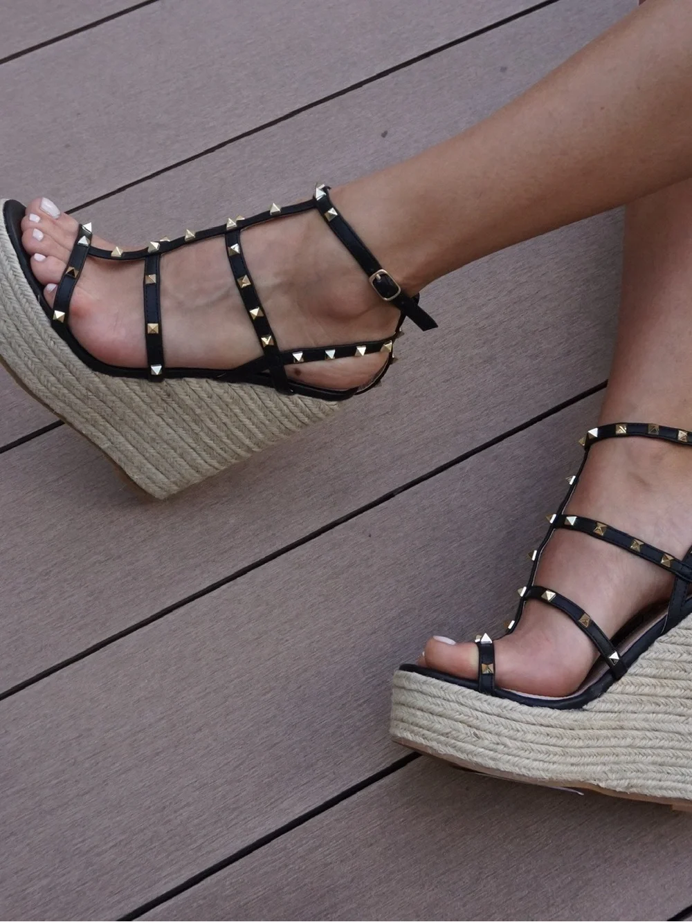 Studded Black T-Strap Espadrille Wedge Sandals
